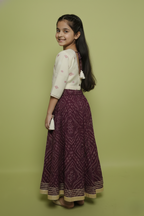 Beige and Wine Bandhani Print Cotton Kids Lehanga