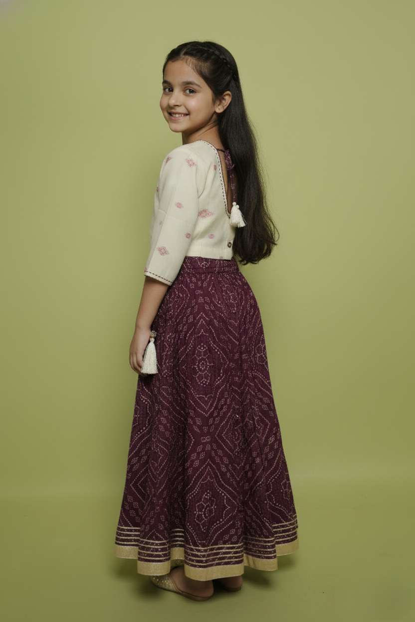 Beige and Wine Bandhani Print Cotton Kids Lehanga