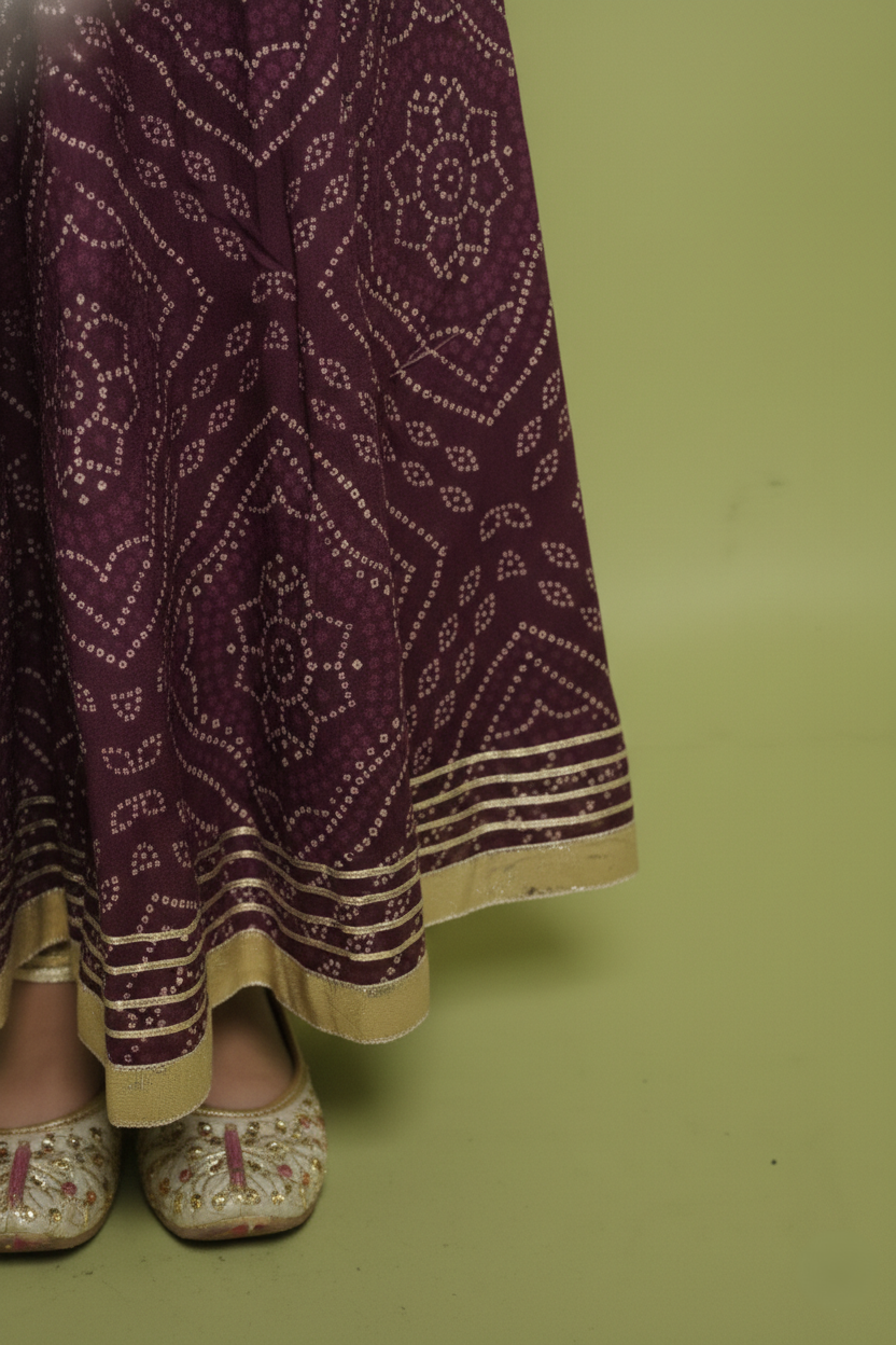 Beige and Wine Bandhani Print Cotton Kids Lehanga
