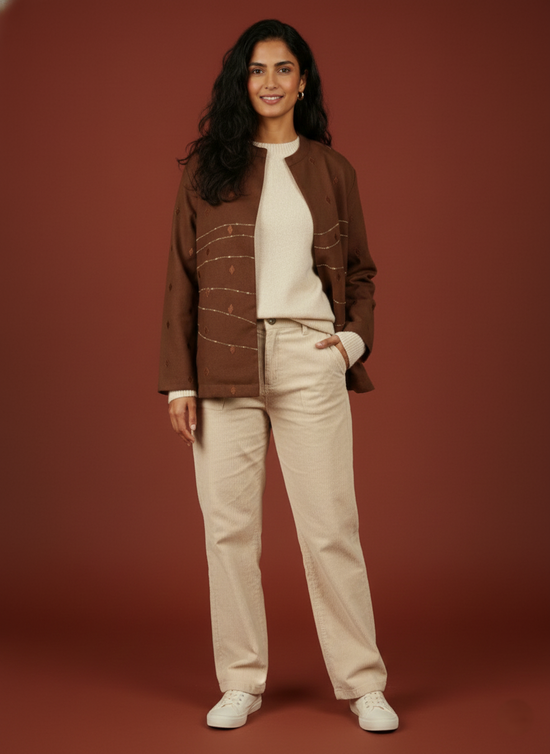 Brown Colour Merino Wool Round Neck Hand Embroidery Print Short Jacket For Women's