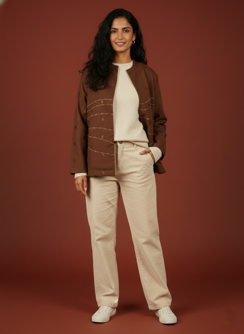 Brown Colour Merino Wool Round Neck Hand Embroidery Print Short Jacket For Women's