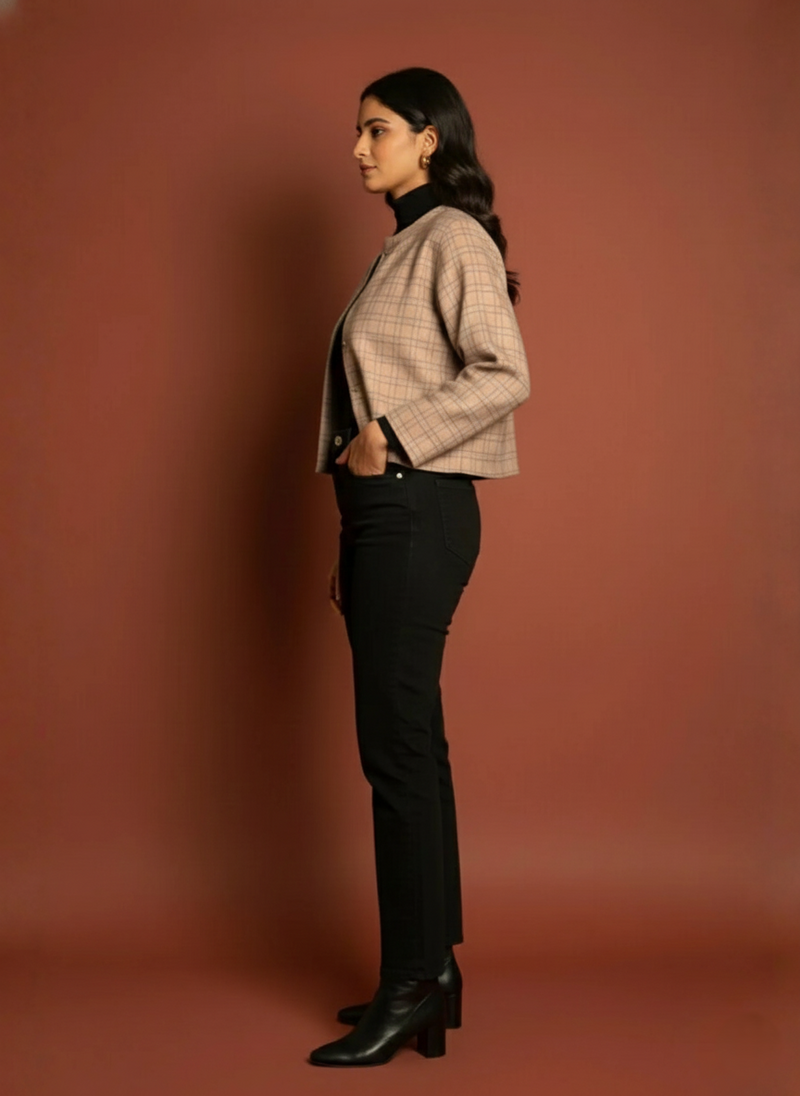 Pink Colour Merino Wool Round Neck Checkered Print Short Jacket For Women's