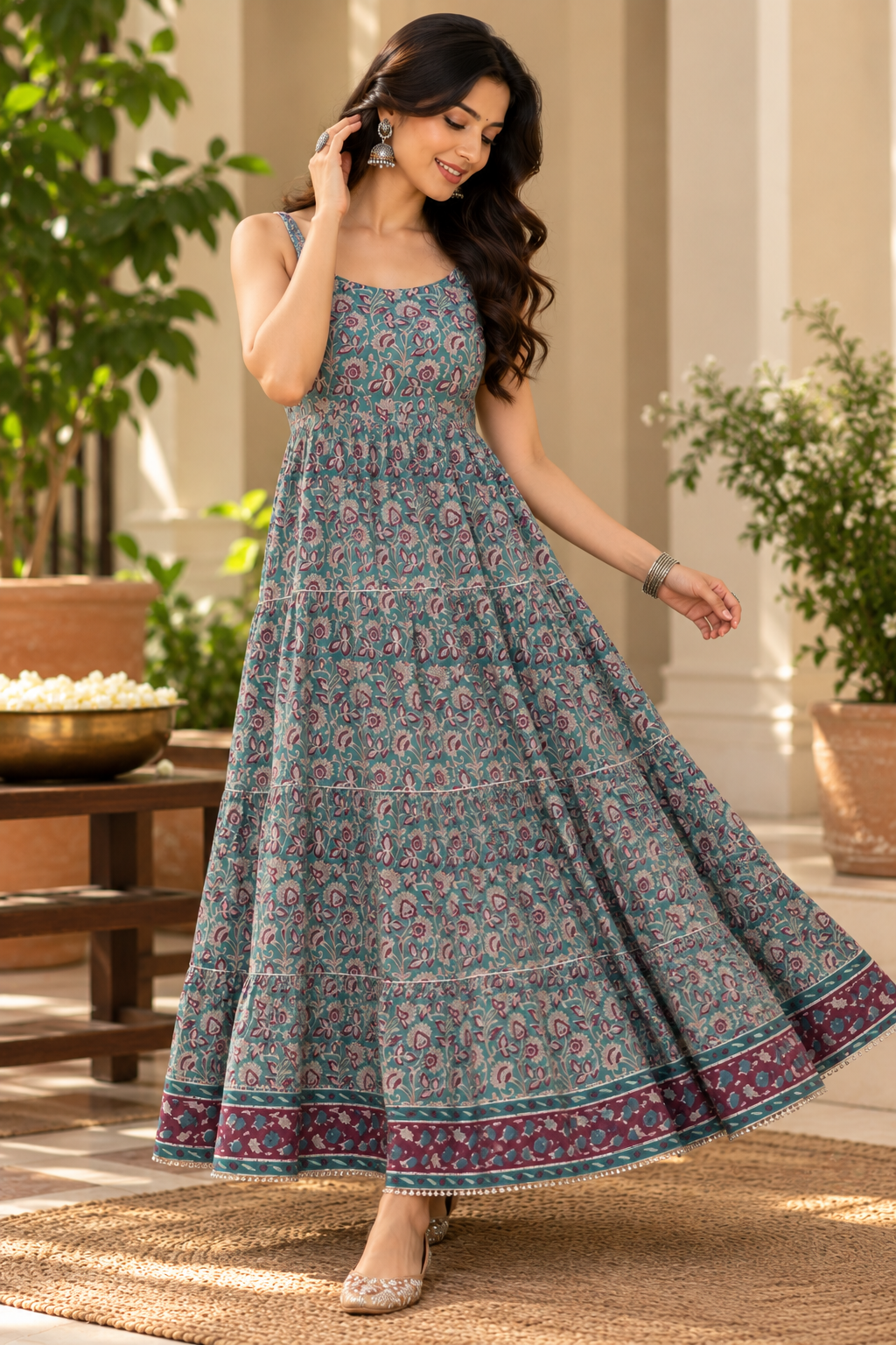 Teal Blue and Pink Cotton Dress