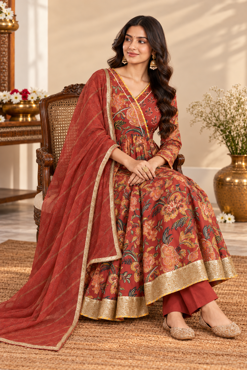 Red Cotton And Dupatta Kota Doriya Complete Suit Set