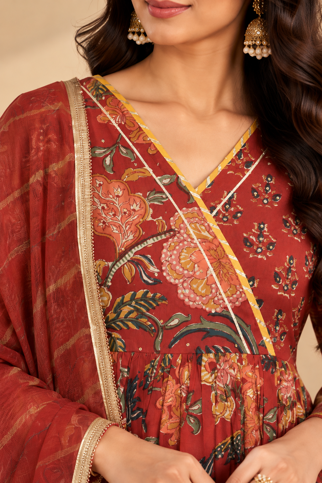 Red Cotton And Dupatta Kota Doriya Complete Suit Set