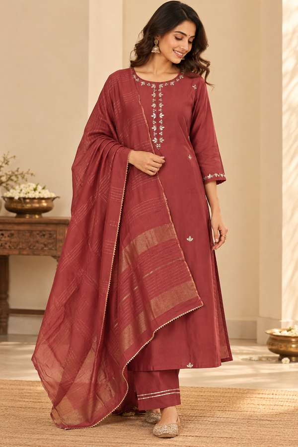 Maroon Dupion Silk Complete Suit Set