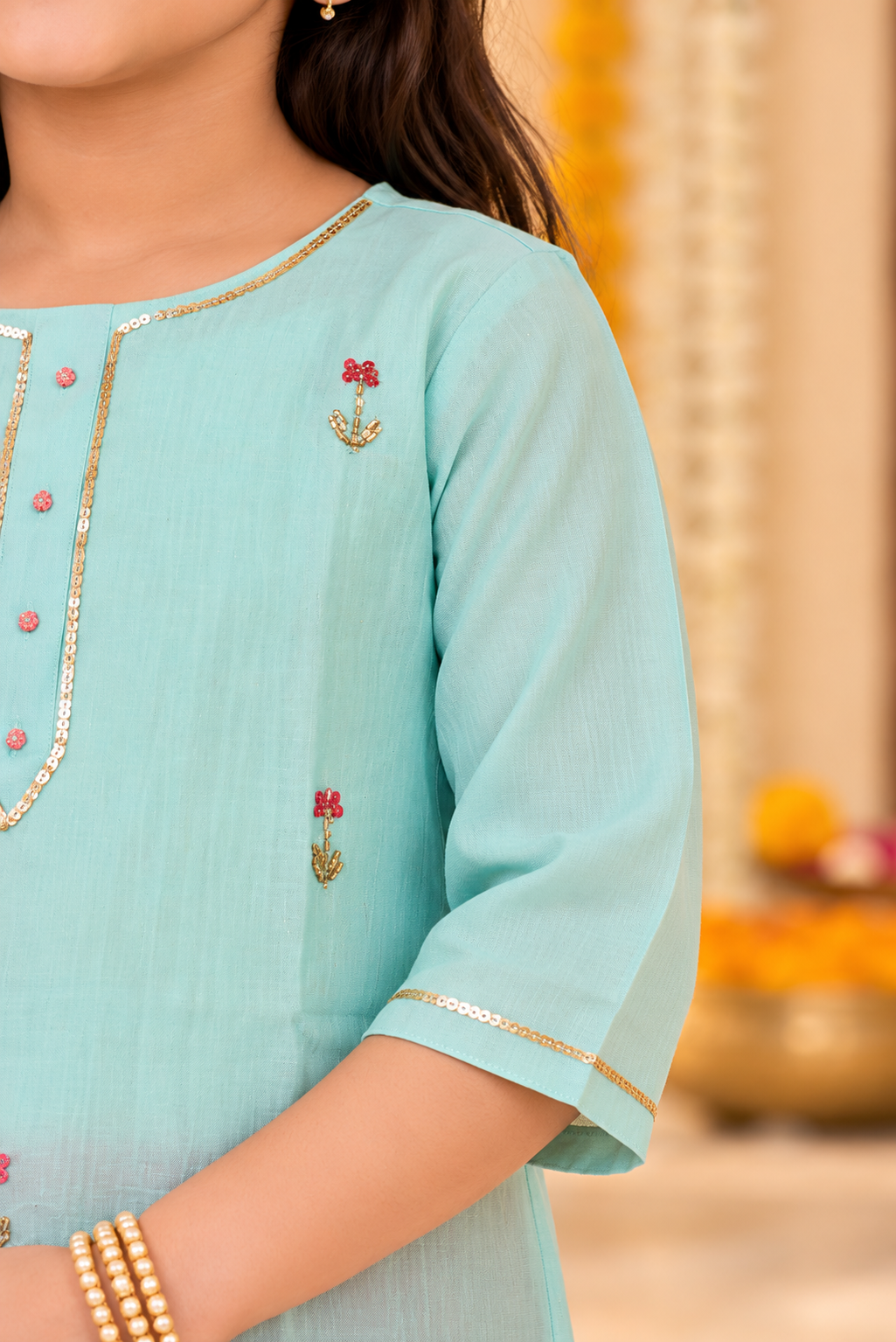 Powder Blue And Pink Kurta palazzo Dupatta Set