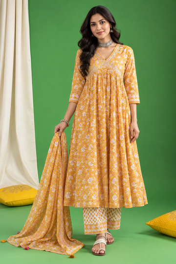 Mustard Hand Block Complete Suit Set