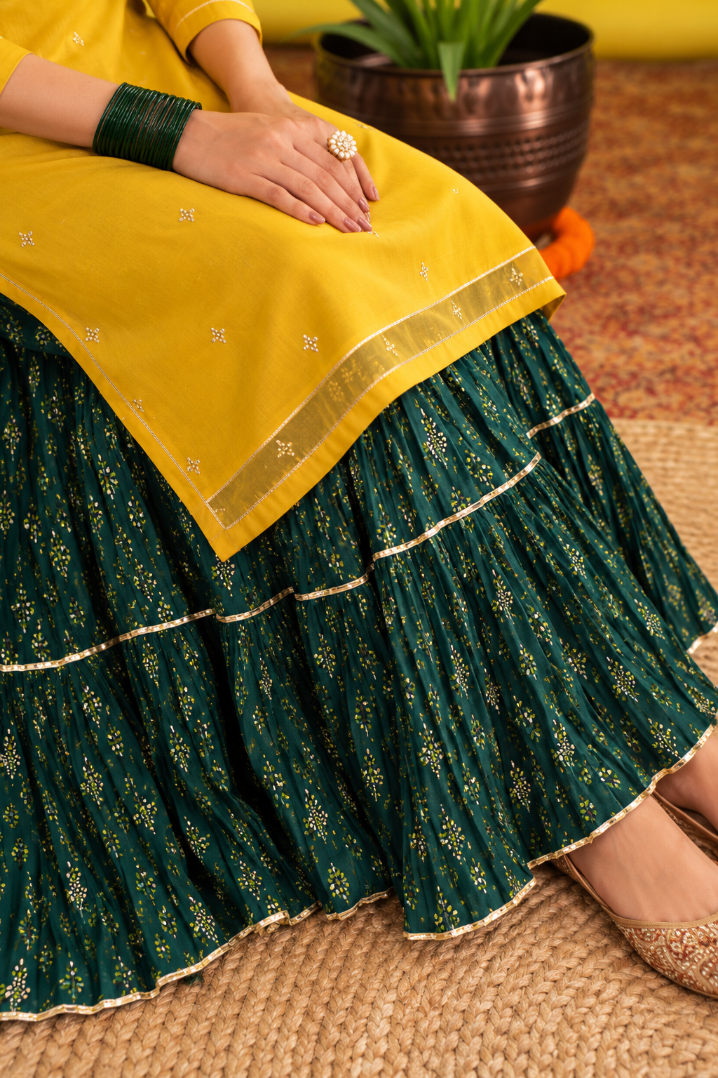 Yellow And Green Kurta Skirt Set