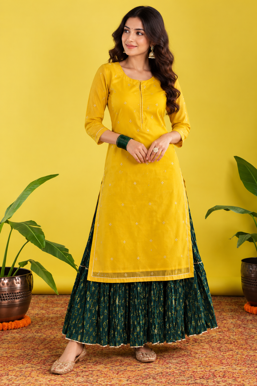 Yellow And Green Kurta Skirt Set