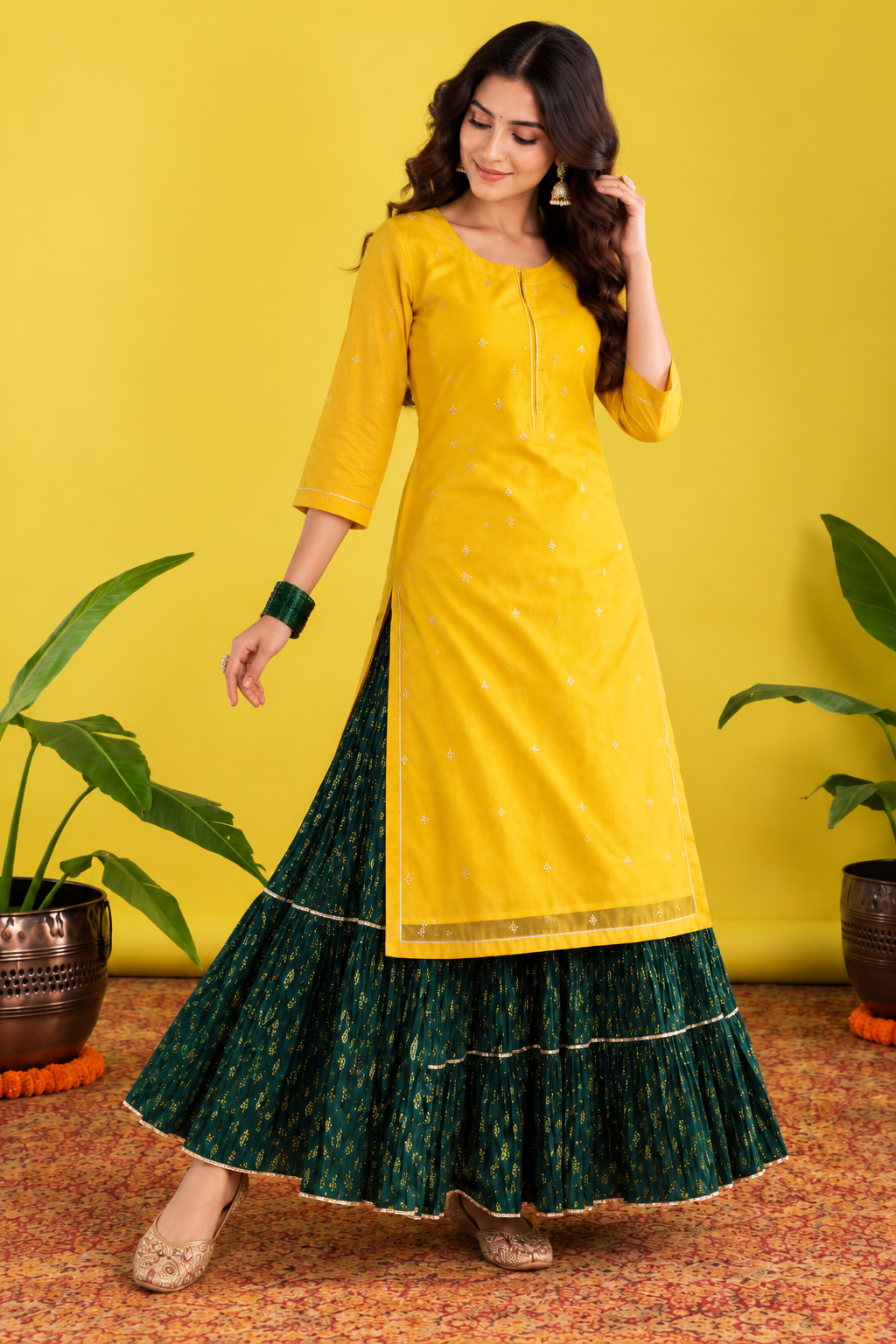 Yellow And Green Kurta Skirt Set