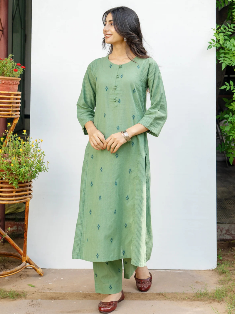 Sage Green Cotton Handloom Kurta Pant Set For Women's