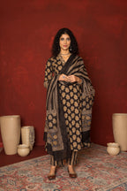 BLACK COTTON V-NECK BOOTI  PRINT MIRROR WORK ON NECK FULL SET