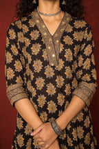 BLACK COTTON V-NECK BOOTI  PRINT MIRROR WORK ON NECK FULL SET