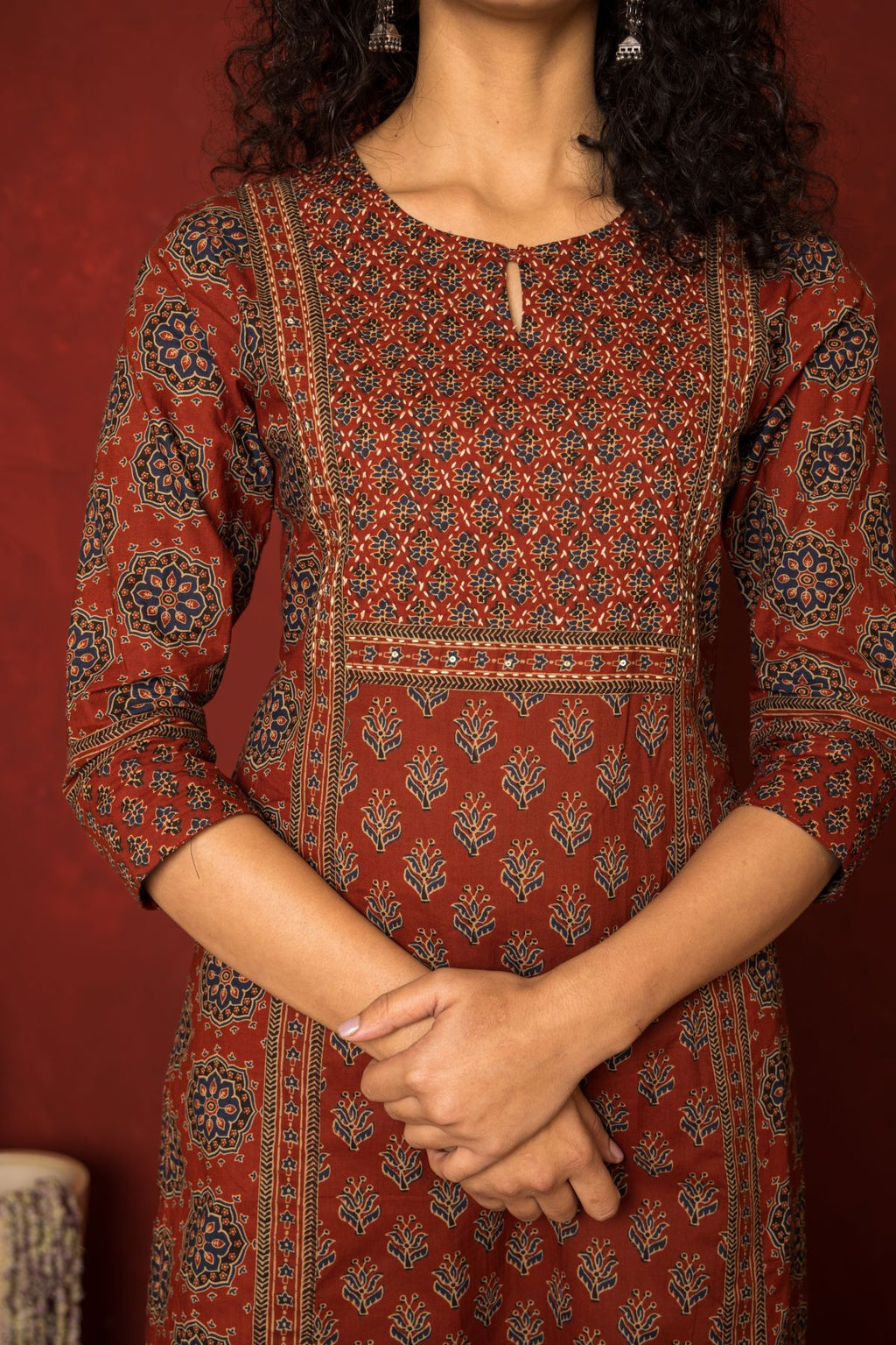 RUST COTTON ROUND NECK BOOTI PRINT YOKE  HIGHLIGHTED WITH  HAND KATHA KURTA PANT SET