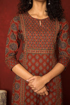 RUST COTTON ROUND NECK BOOTI PRINT YOKE  HIGHLIGHTED WITH  HAND KATHA KURTA PANT SET