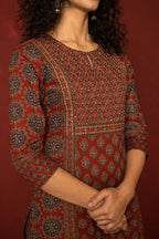 RUST COTTON ROUND NECK BOOTI PRINT YOKE  HIGHLIGHTED WITH  HAND KATHA KURTA PANT SET