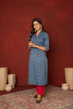 BLUE COTTON V-NECK NECKLINE HIGHLIGHTED WITH MIRROR WORK KURTA FOR WOMEN'S