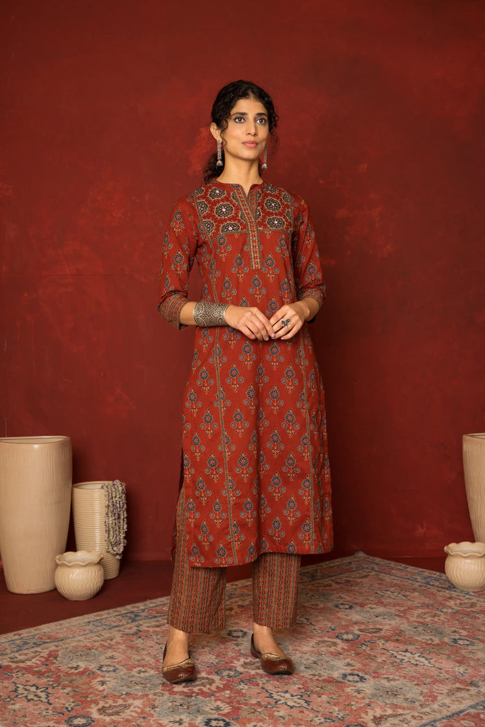 Rust Cotton Collar neck booti print with katha Mirror and katha work kurta for women's