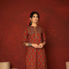 Rust Cotton Collar neck booti print with katha Mirror and katha work kurta for women's