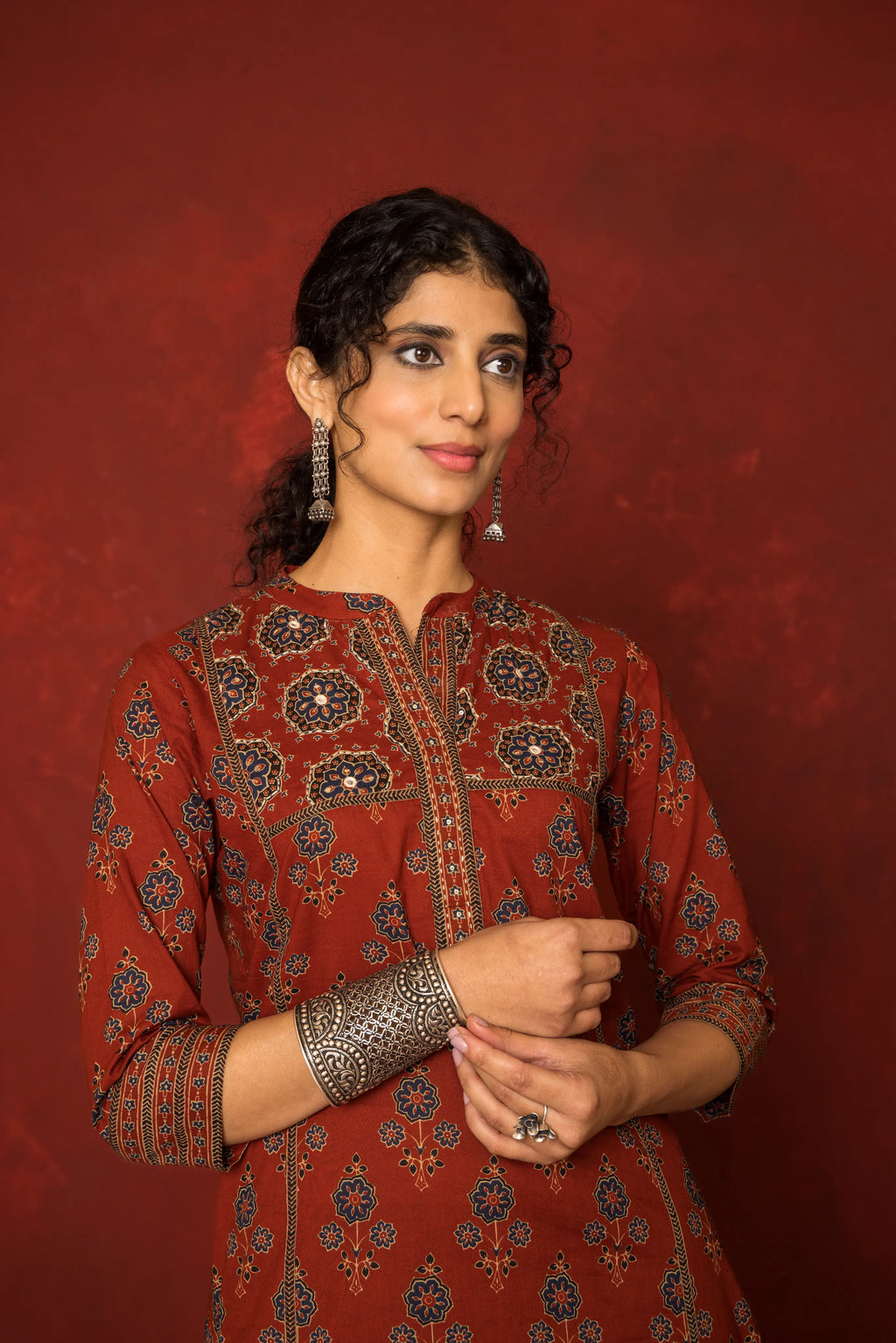 Rust Cotton Collar neck booti print with katha Mirror and katha work kurta for women's
