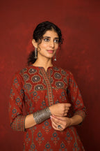 Rust Cotton Collar neck booti print with katha Mirror and katha work kurta for women's
