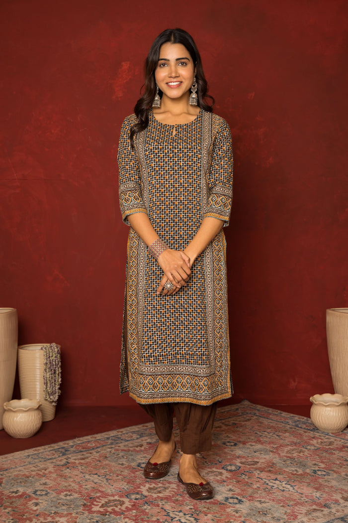 BROWN GEOMETRICAL ROUND NECK COTTON MODAL KURTA FOR WOMEN'S