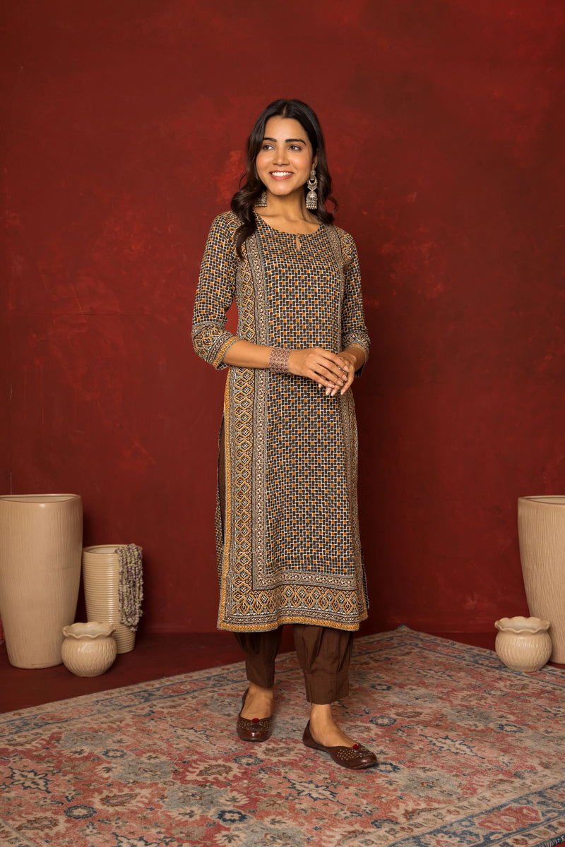 BROWN GEOMETRICAL ROUND NECK COTTON MODAL KURTA FOR WOMEN'S