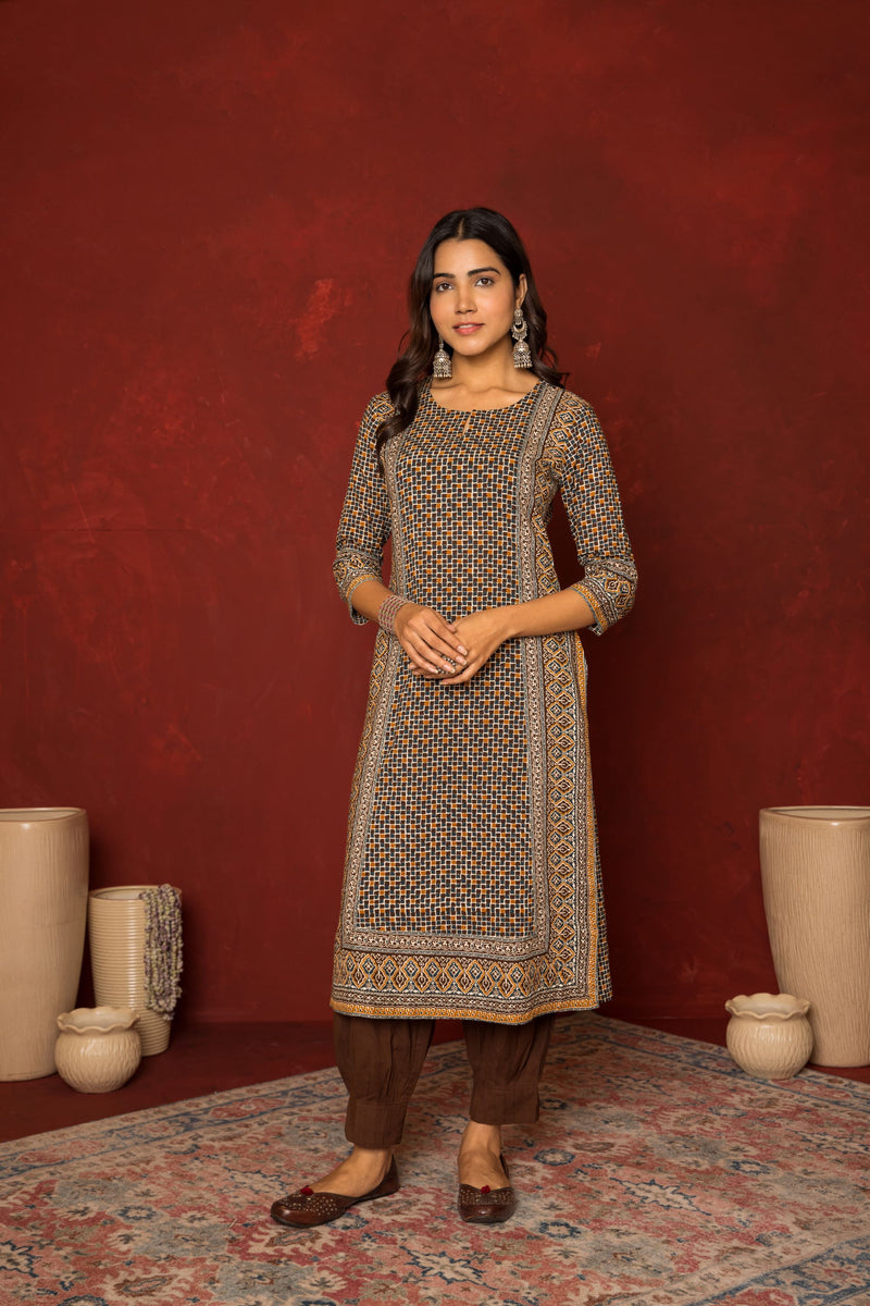 BROWN GEOMETRICAL ROUND NECK COTTON MODAL KURTA FOR WOMEN'S