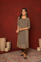 BROWN GEOMETRICAL ROUND NECK COTTON MODAL KURTA FOR WOMEN'S