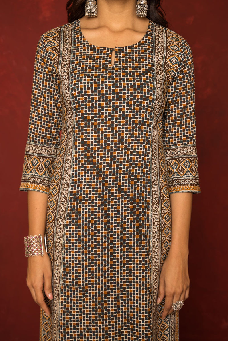 BROWN GEOMETRICAL ROUND NECK COTTON MODAL KURTA FOR WOMEN'S