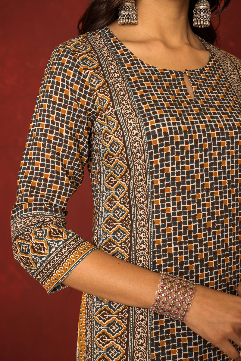 BROWN GEOMETRICAL ROUND NECK COTTON MODAL KURTA FOR WOMEN'S