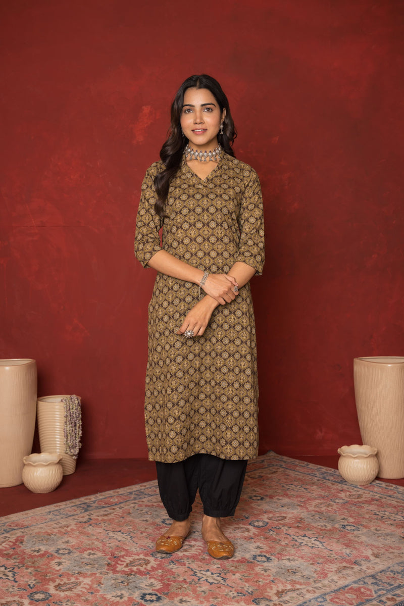 Army Green With Brown Cotton Kurta For Women's