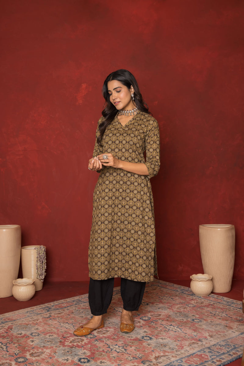 Army Green With Brown Cotton Kurta For Women's