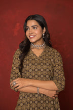 Army Green With Brown Cotton Kurta For Women's