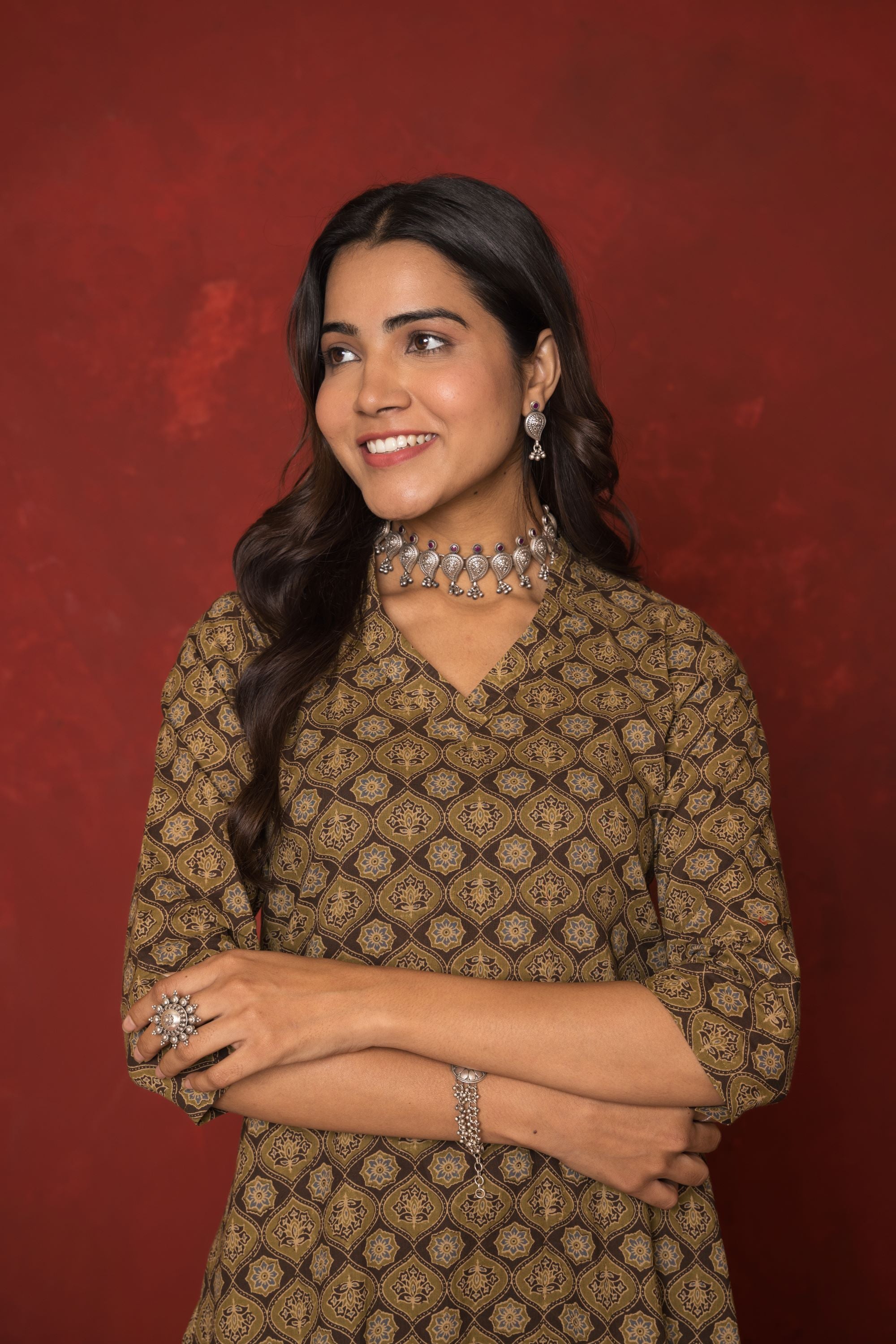 Army Green With Brown Cotton Kurta For Women's