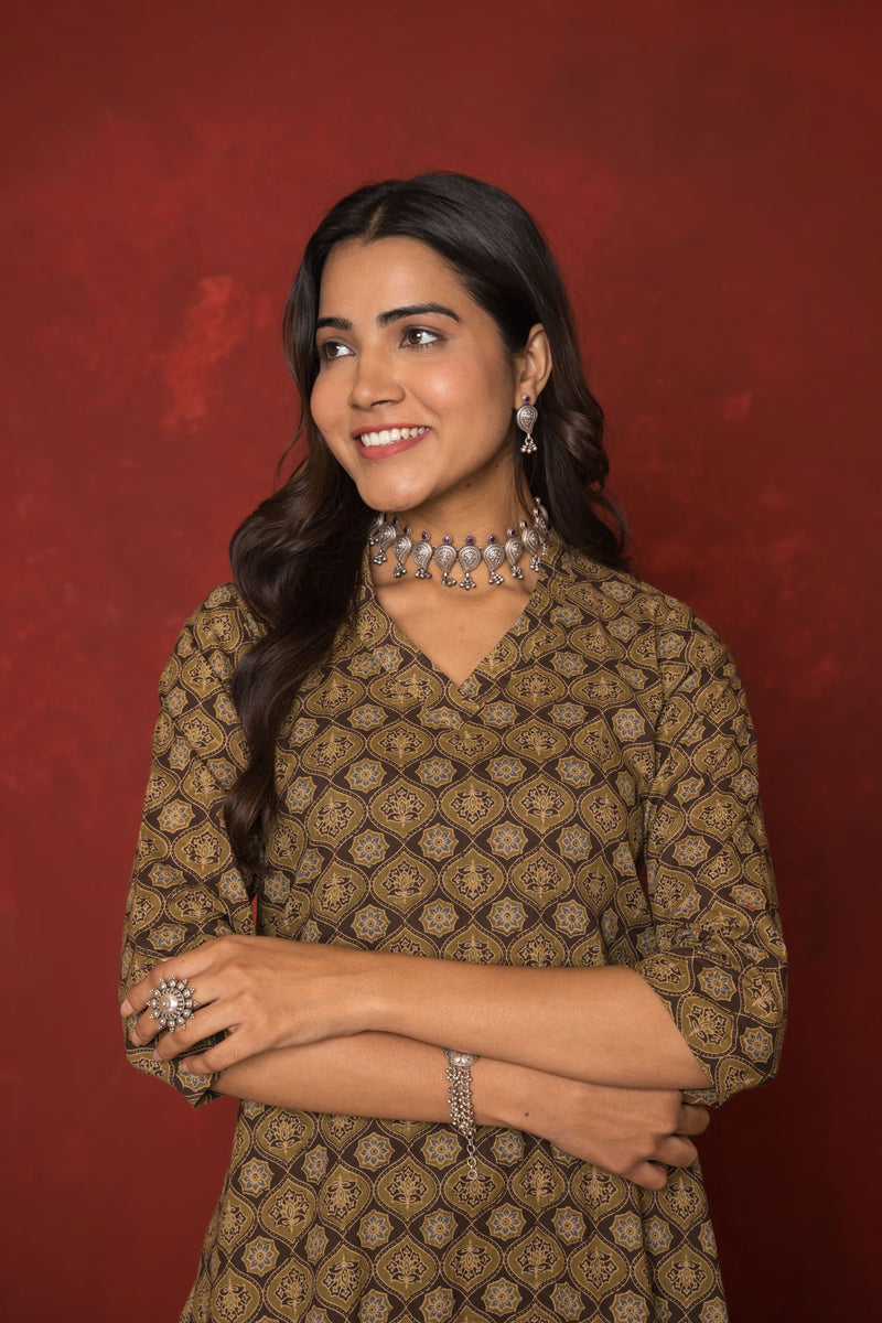 Army Green With Brown Cotton Kurta For Women's