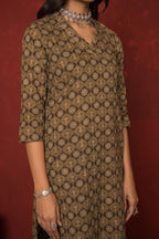 Army Green With Brown Cotton Kurta For Women's