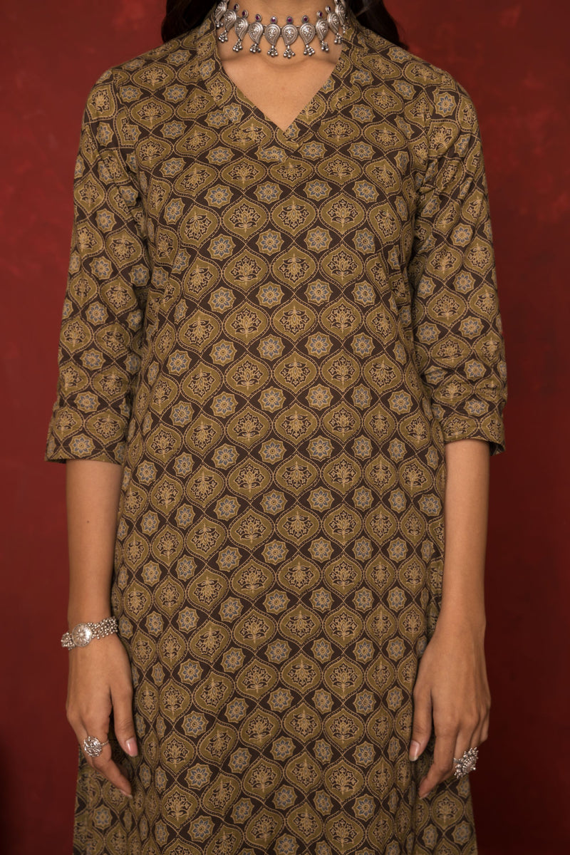 Army Green With Brown Cotton Kurta For Women's