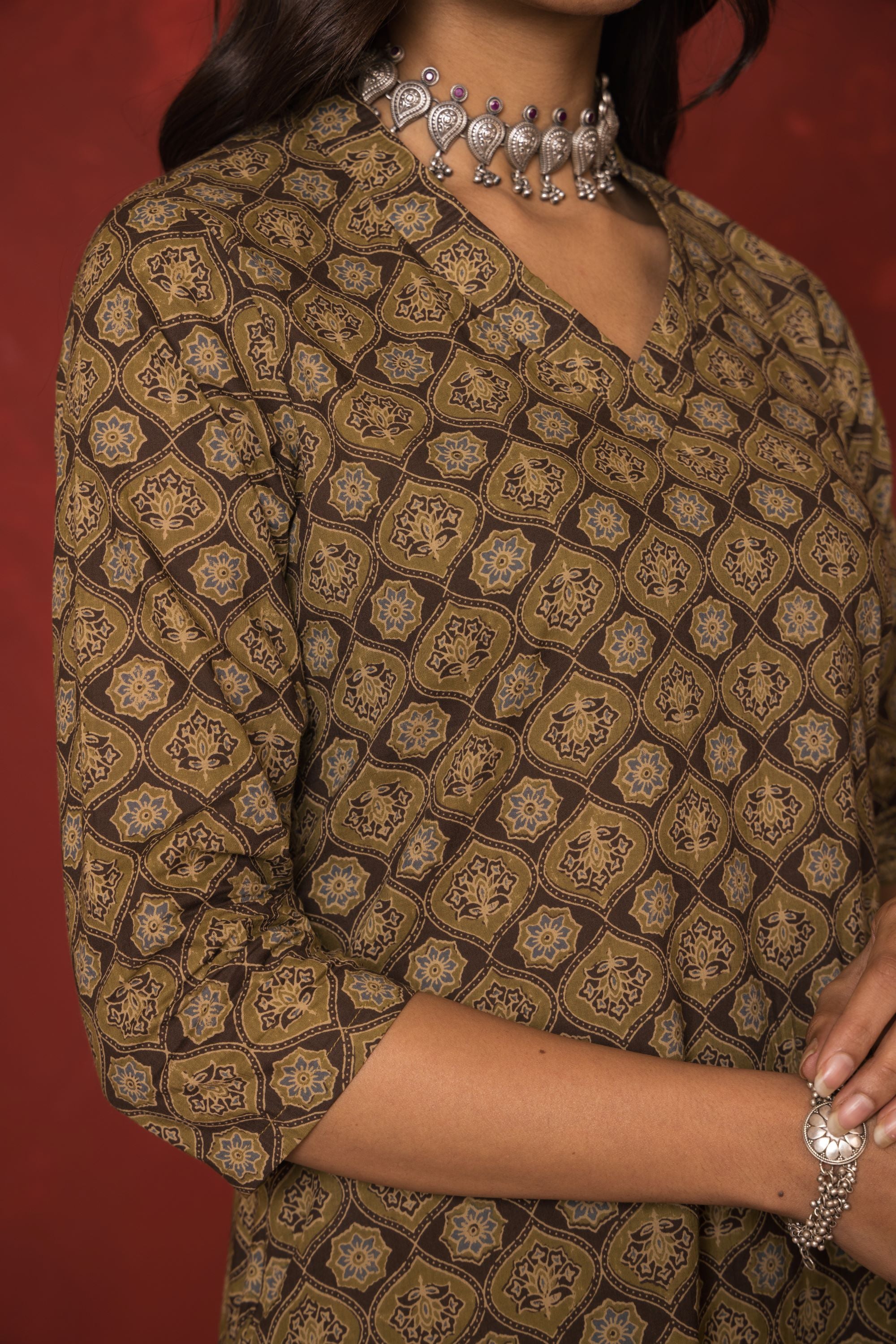 Army Green With Brown Cotton Kurta For Women's
