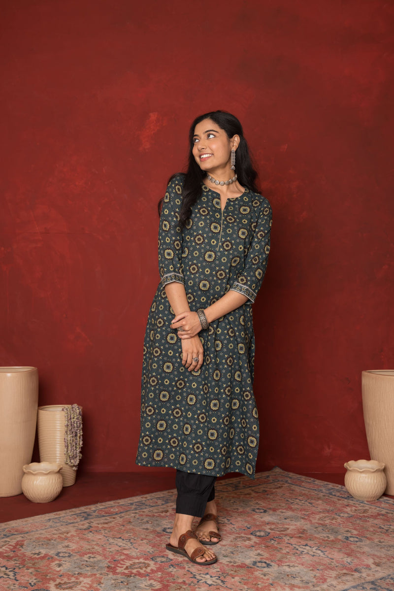 Green Cotton Floral Printed Kurta For Women's