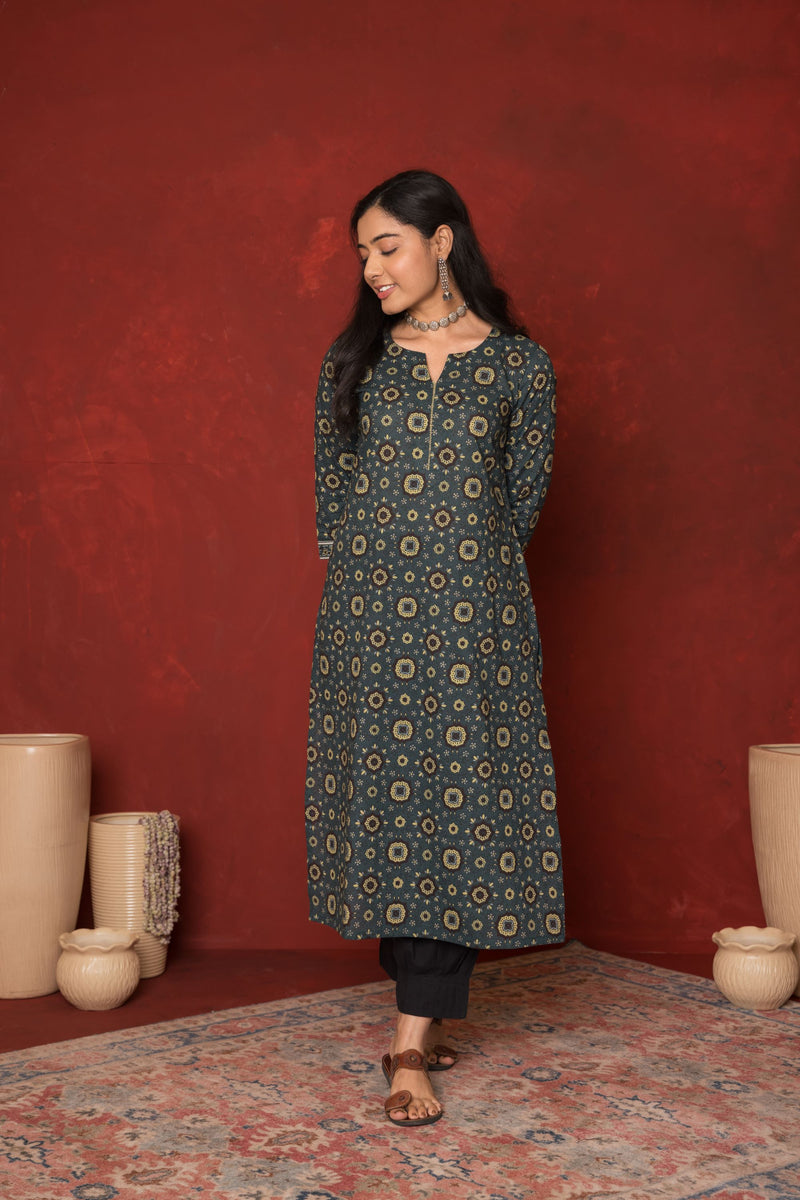 Green Cotton Floral Printed Kurta For Women's