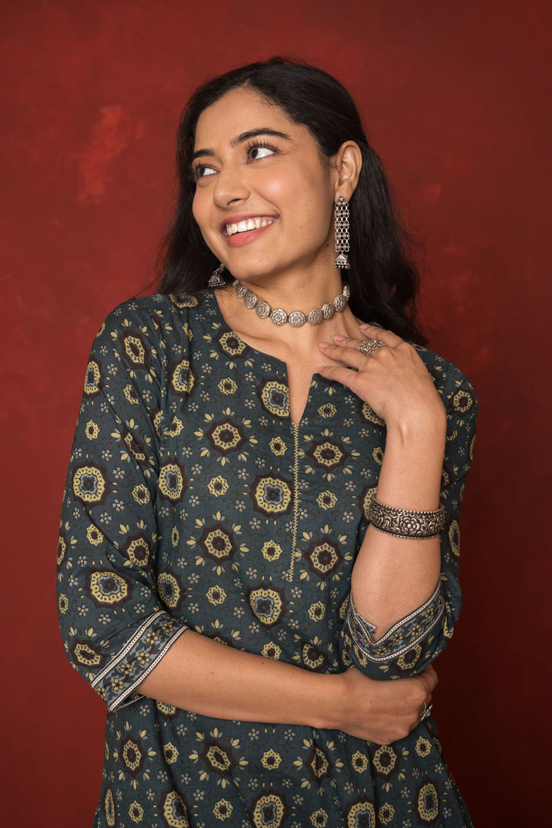 Green Cotton Floral Printed Kurta For Women's