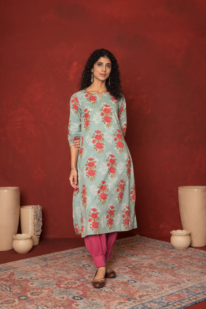 Aqlie Blue Cotton Round Neck Kurta For Women's