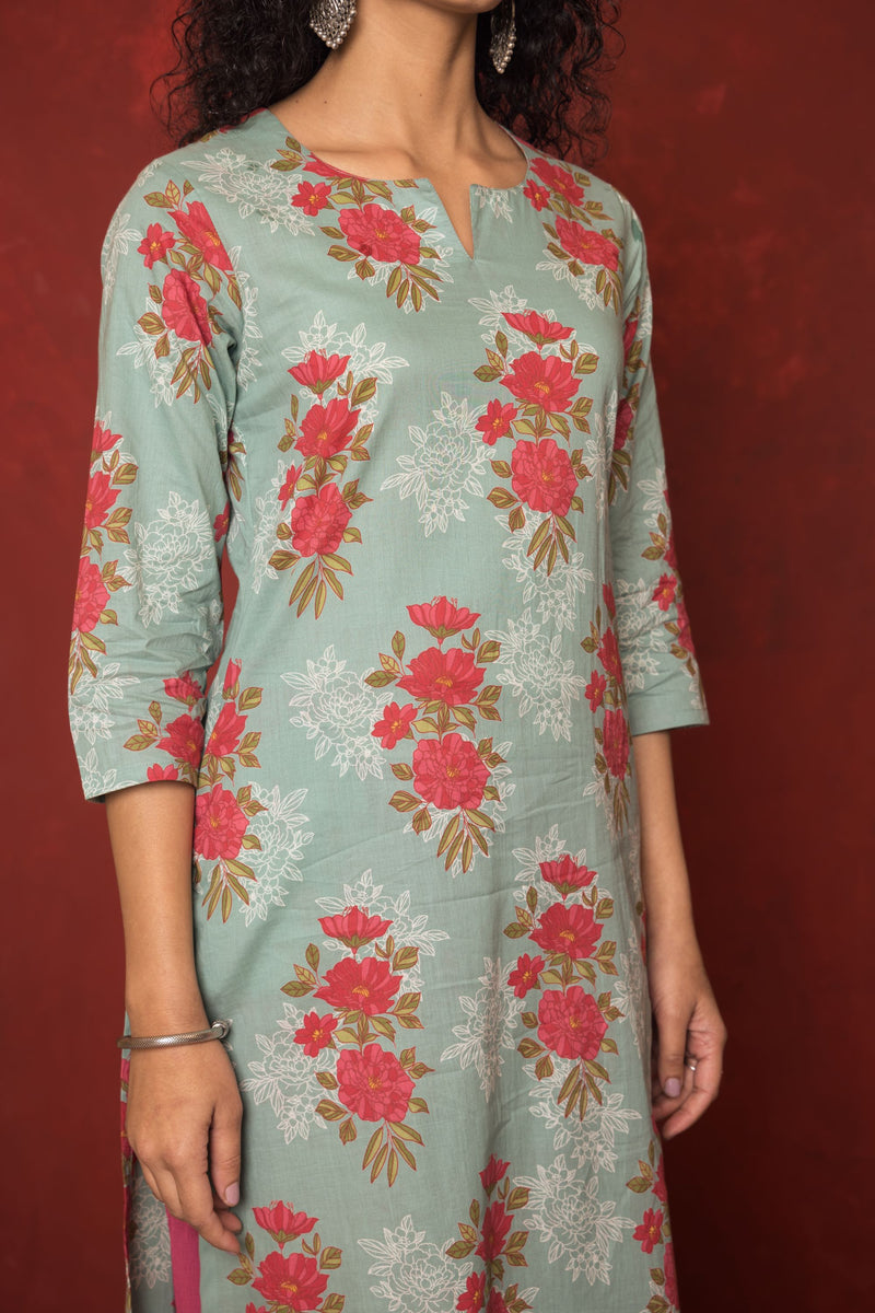 Aqlie Blue Cotton Round Neck Kurta For Women's