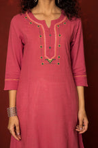 ONION PINK COTTON SLUB KURTA HIGHLIGHTED WITH HAND MIRROR WORK WITH KATHA KURTA FOR WOMEN'S