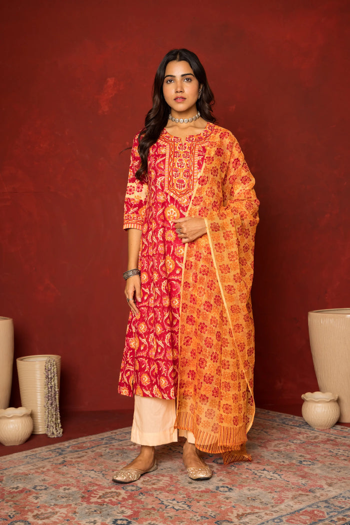 Falsa Cotton Handblock Printed Kurta Dupatta Set For Women's