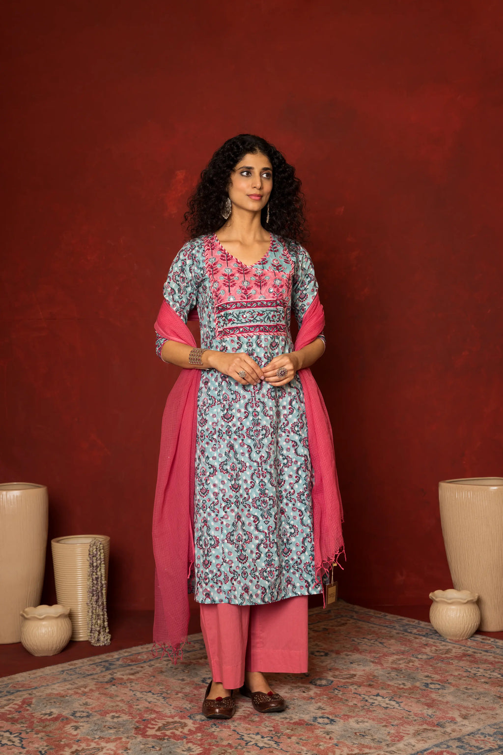 Blue Cotton handblock angrakha Mirror and sequence work kurta for women's