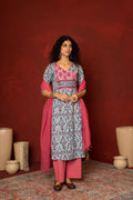 Blue Cotton handblock angrakha Mirror and sequence work kurta for women's