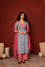 Blue Cotton handblock angrakha Mirror and sequence work kurta for women's